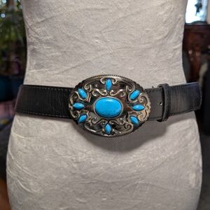 Elegant Black Belt with Turquoise Embellishments